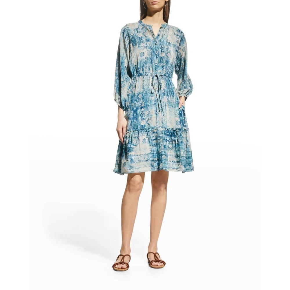 Johnny Was Pete & Greta Silk Santorini Ruffle Dress Blue Boho XS Romantic Artsy